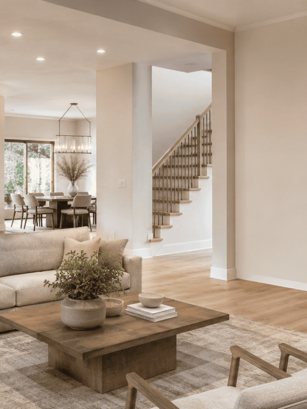 Open-concept living room with modern furniture, neutral tones, and natural light, showcasing stylish.